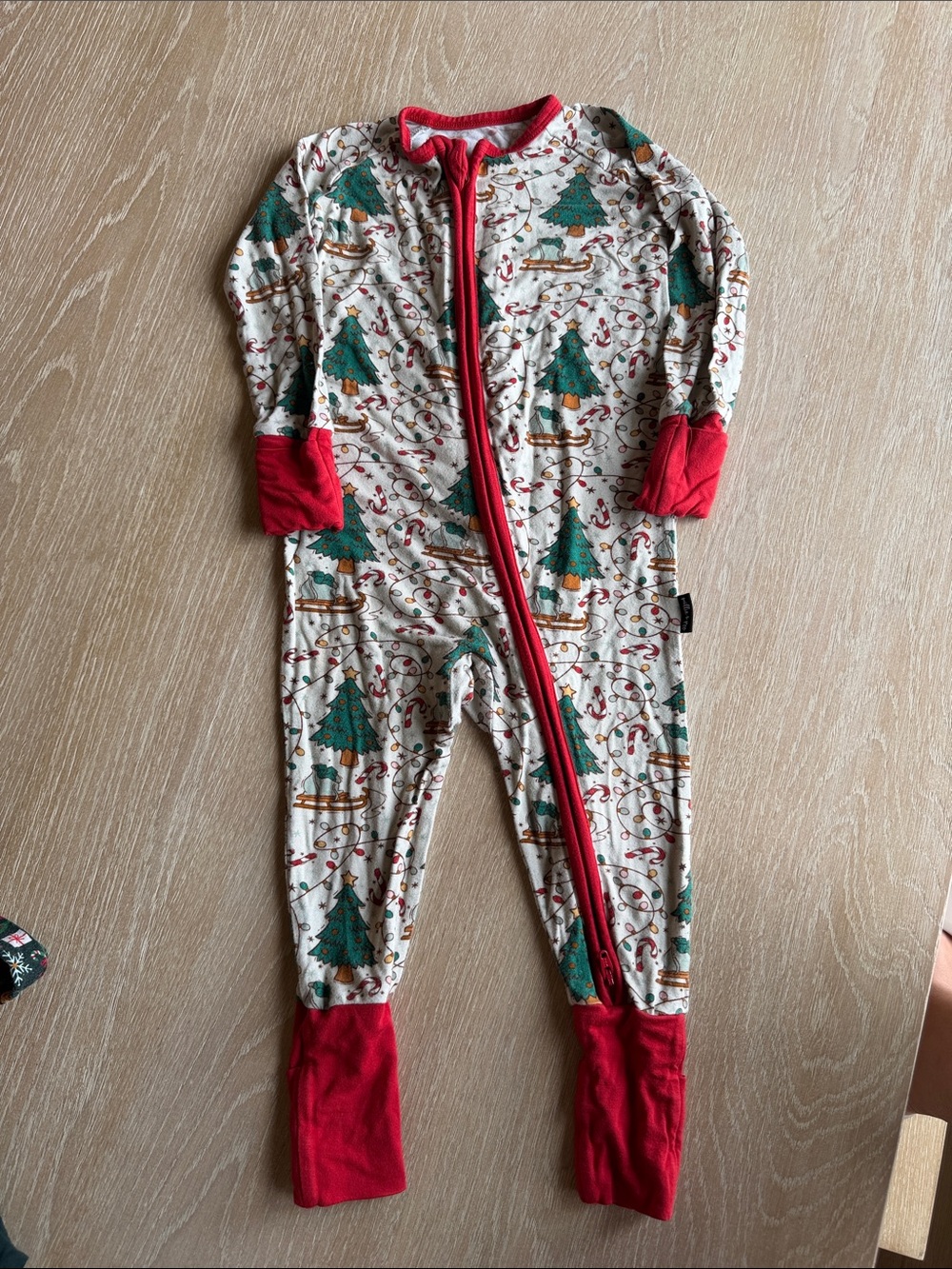 Holiday Tree Print Kids One-Piece Pajamas with Red Trim